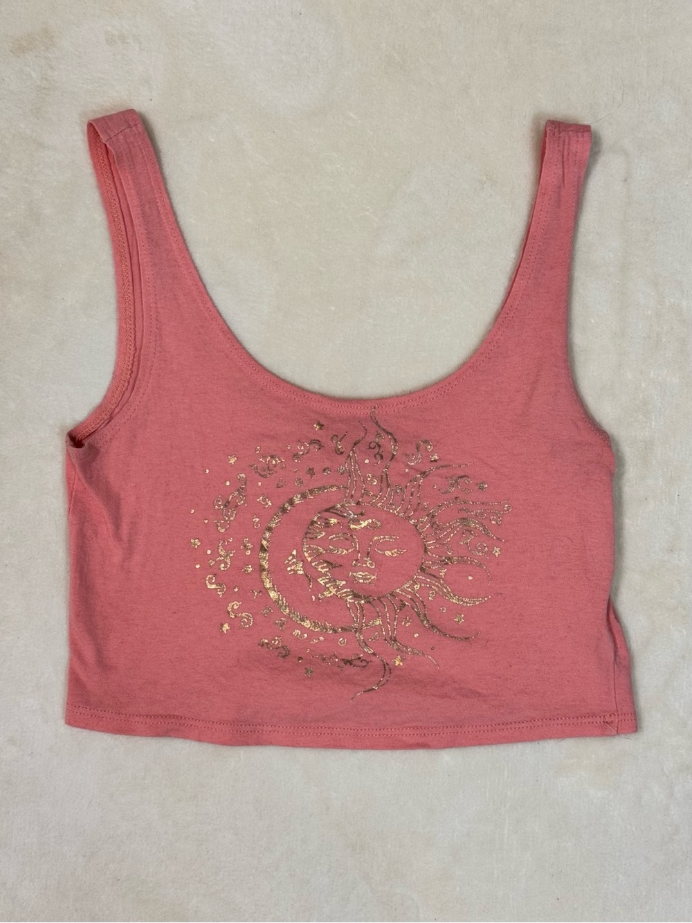 La Hearts Coral-Pink Crop Tank with Metallic Gold Sun & Moon